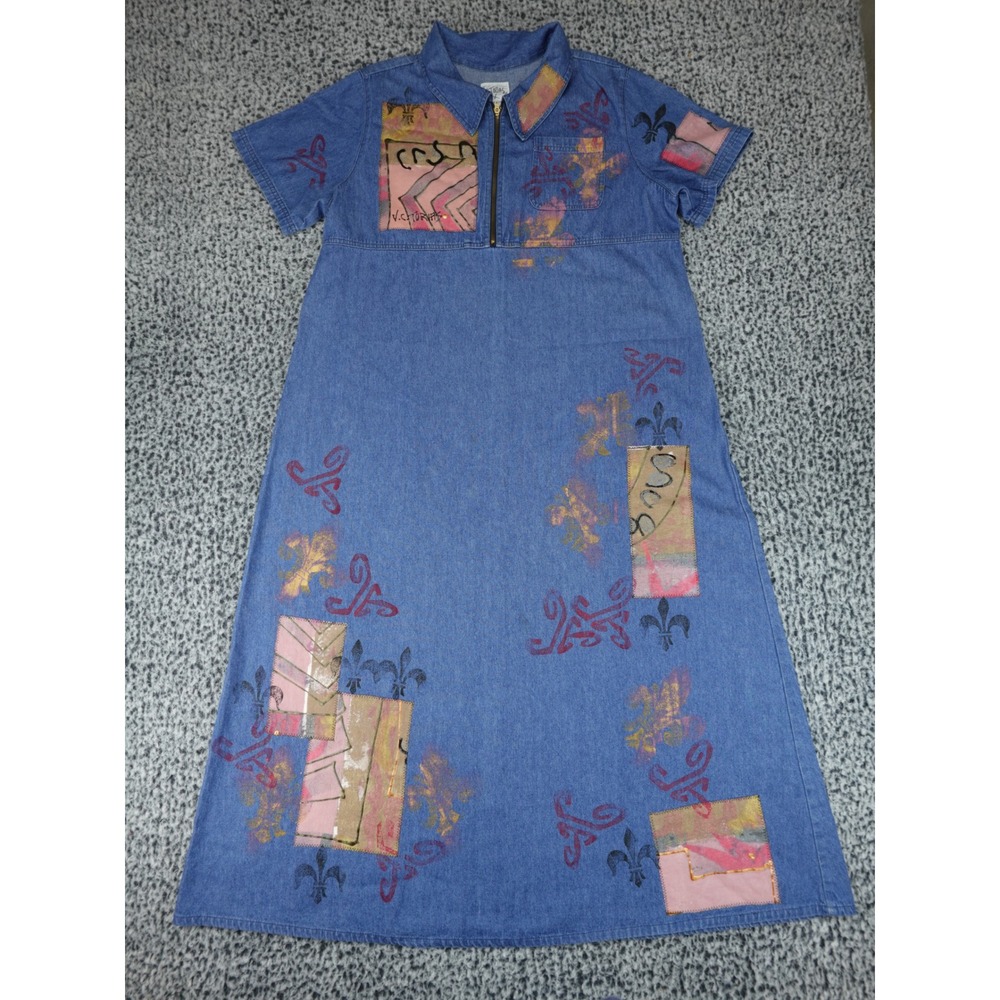 V.C. Torias Denim Maxi Dress Womens OS Blue Hand Painted Art Wear Vintage 1997‎